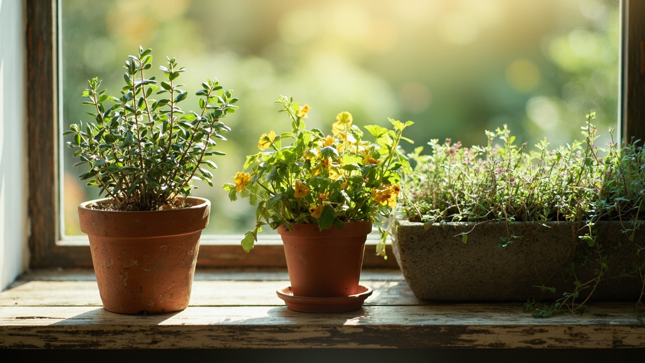 Thyme varieties side by side: upright English thyme, lemon thyme, and a creeping thyme mat