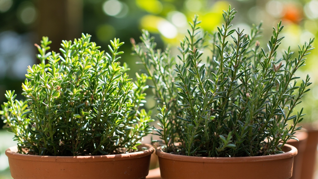 Side-by-side comparison of thyme and rosemary plants showing thyme's low mat growth habit versus rosemary's upright woody shrub form in terracotta pots