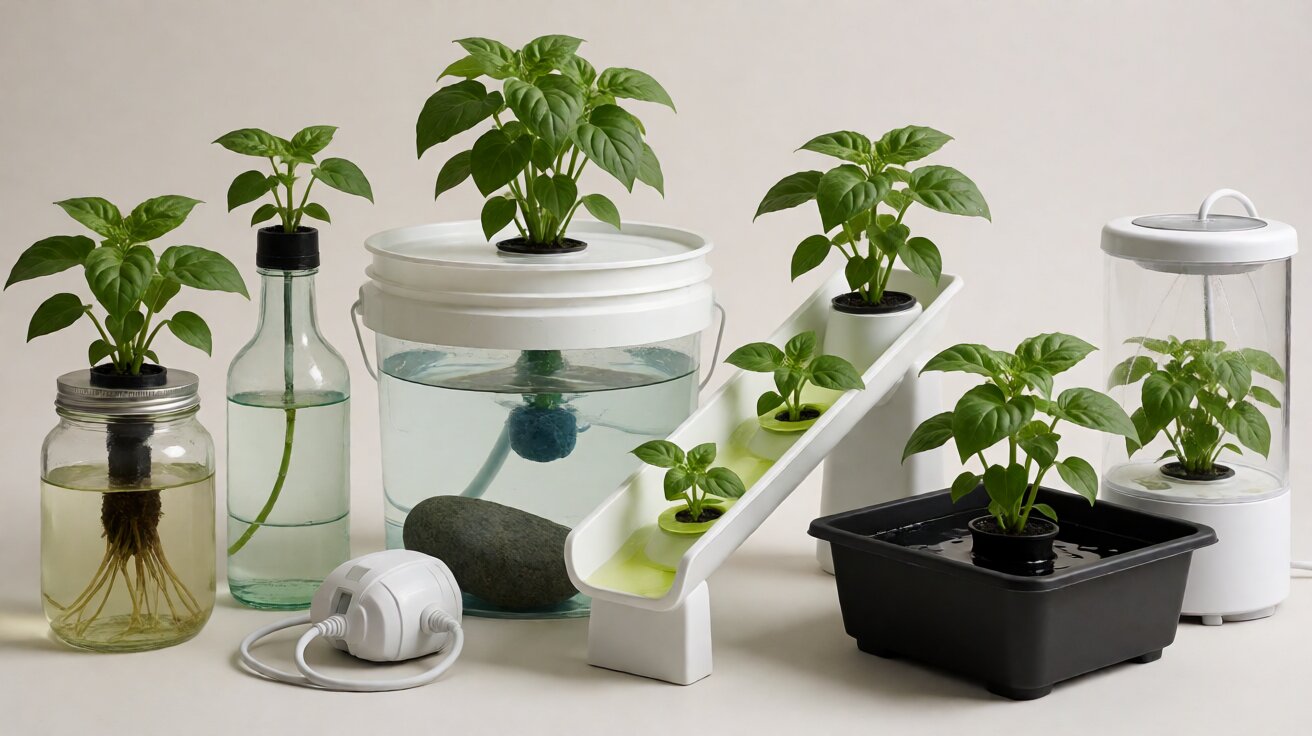 Six hydroponic system types side by side: wick, Kratky, deep water, nutrient film, ebb and flow, and aeroponics