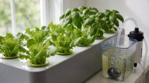 Home hydroponic nutrient film channel with lettuce, basil, and an aerated reservoir