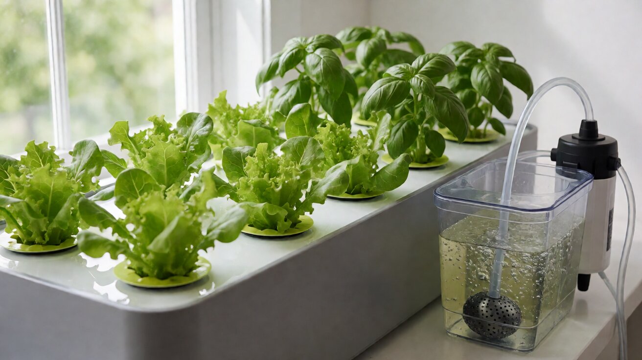 Home hydroponic nutrient film channel with lettuce, basil, and an aerated reservoir