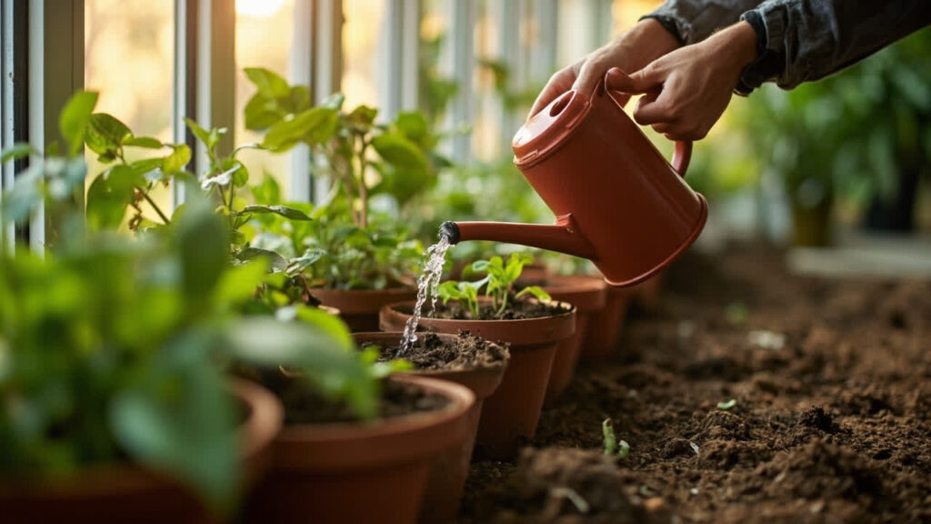 Hands watering healthy houseplants in terracotta pots with a watering can