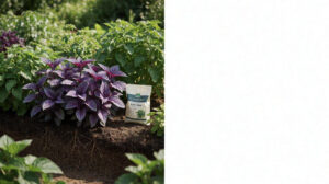 Garden bed with strong root systems and purple-tinged leaves beside healthy plants