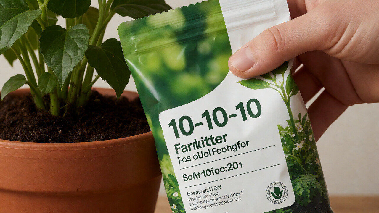 Gardener reading a fertilizer label beside a soil test report on a workbench