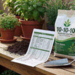 A bag of 10-10-10 fertilizer beside a soil test report and trowel on a potting bench