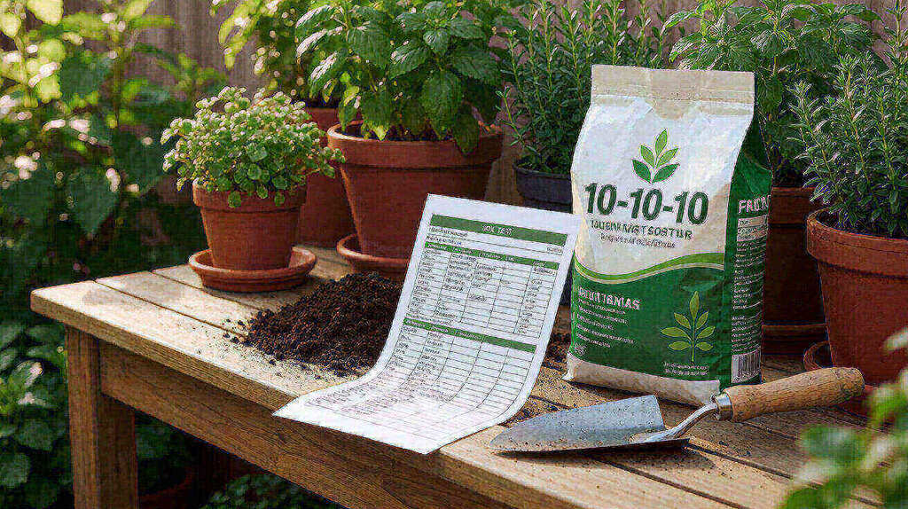 A bag of 10-10-10 fertilizer beside a soil test report and trowel on a potting bench