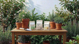 Three bags of fertilizer lined up on a potting bench with a hand trowel