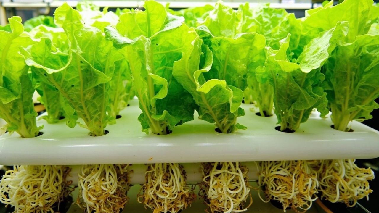 Hydroponic lettuce roots suspended in nutrient solution inside a net pot, showing the clean root zone that makes hydroponic farming possible without soil.