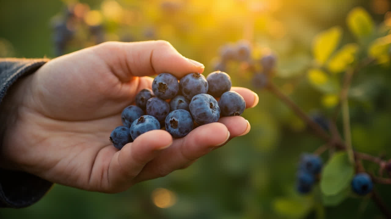 Gardener picking ripe blueberries at peak harvest with correct technique