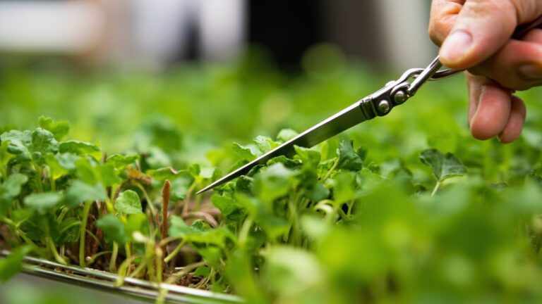 Scissors cutting microgreens cleanly just above the medium surface in a shallow tray showing the correct harvest height.