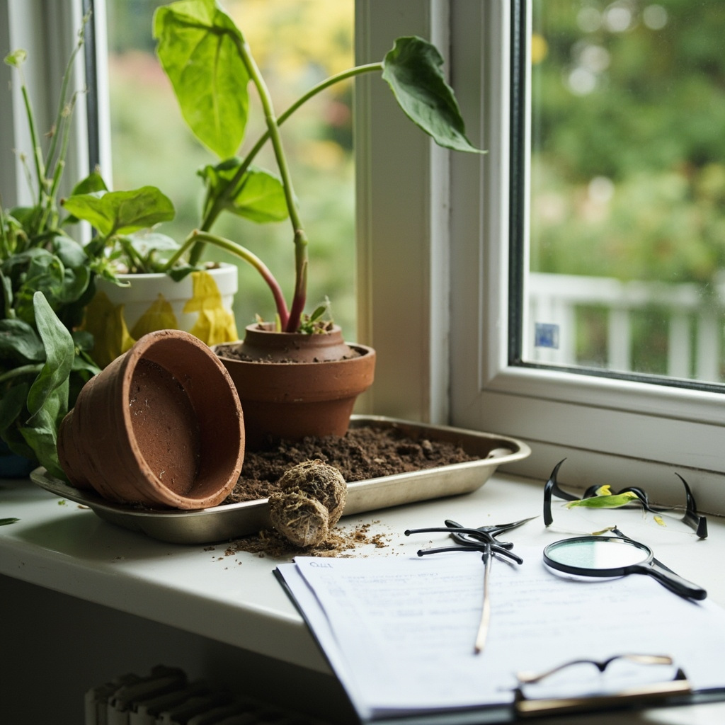 Diagnosing a dying houseplant: yellowing leaves, root check, and recovery setup