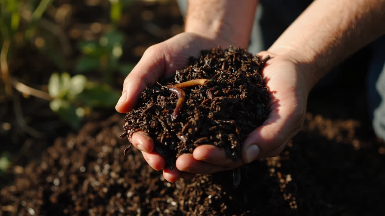 Worm castings applied as top dressing on a potted house plant in a ceramic container