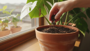 Worm castings applied as topdressing on a potted house plant