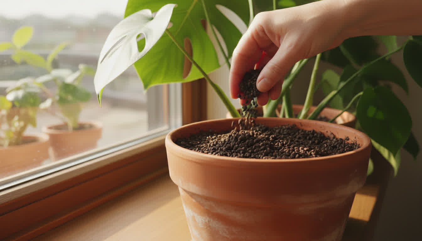 Worm castings applied as topdressing on a potted house plant