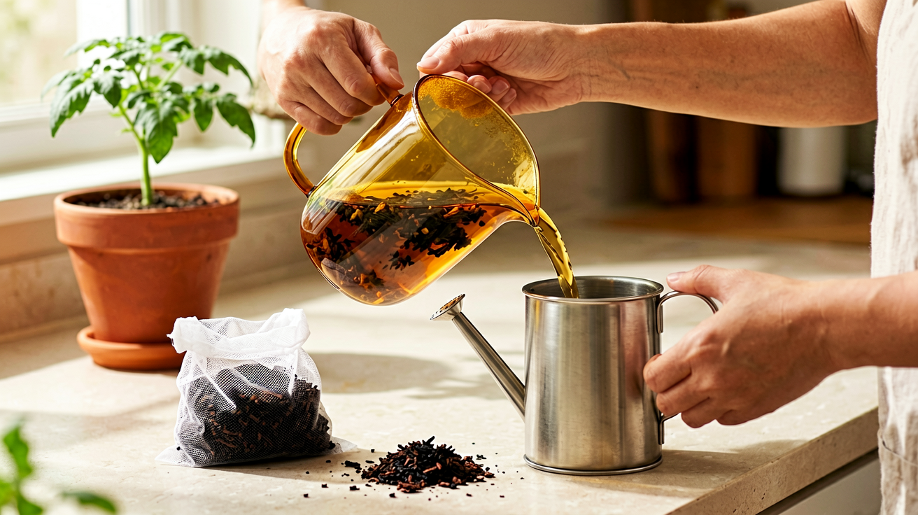 Brewed worm castings tea being poured into a watering can for garden application