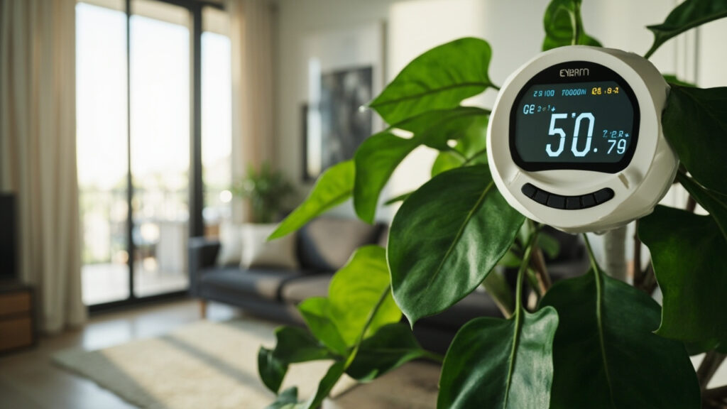 ZZ plant in a modern living room near a digital hygrometer
