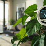 ZZ plant in a modern living room near a digital hygrometer