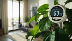 ZZ plant in a modern living room near a digital hygrometer