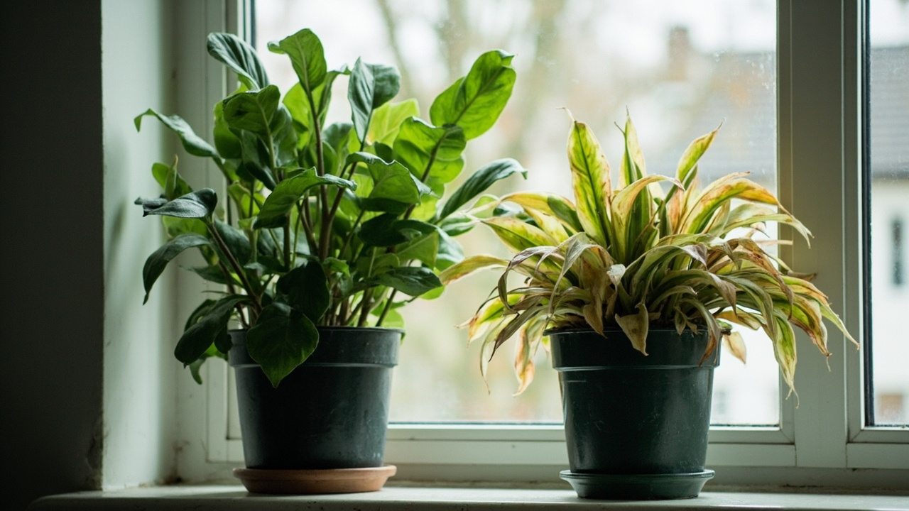 Two ZZ plants on a windowsill, one thriving and one showing cold stress