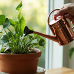 ZZ plant (Zamioculcas zamiifolia) in a terracotta pot being watered