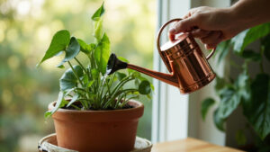 ZZ plant (Zamioculcas zamiifolia) in a terracotta pot being watered